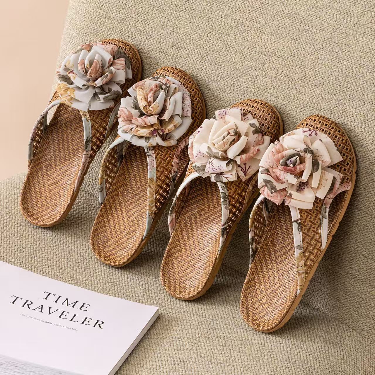 Summer Rattan Mat Slippers for Home, Indoor Cooling Bamboo Woven Grass Shoes Non-Slip Household