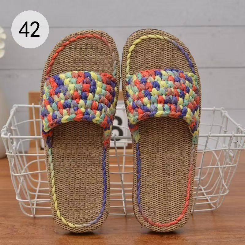 Summer Crochet Slippers with Colored Fabric Strips, Handmade Hemp-Linen Non-Slip Sandals